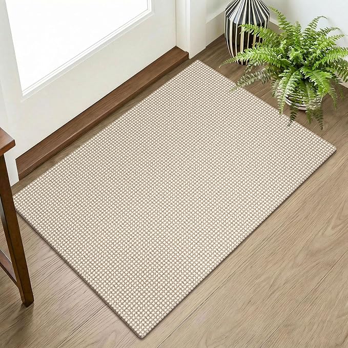 KOZYFLY Indoor Door Mat 2x3 ft Small Area Rugs Washable Front Door Mat Non Slip Rubber Backed Entryway Rug Cotton Entrance Doormat for Front Porch Bathroom Kitchen Bedroom, Ivory/Camel/Brown