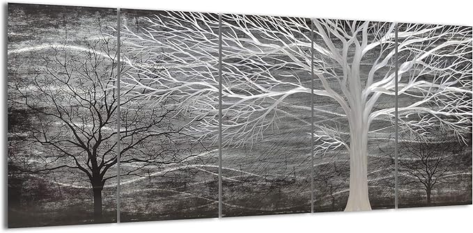 Yihui Arts Tree Metal Wall Art For Living Room Black Grey Silver Color Pictuers For Decor