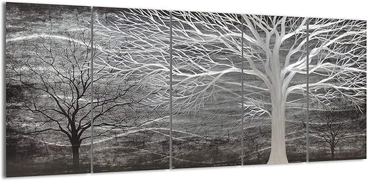 Yihui Arts Tree Metal Wall Art For Living Room Black Grey Silver Color Pictuers For Decor