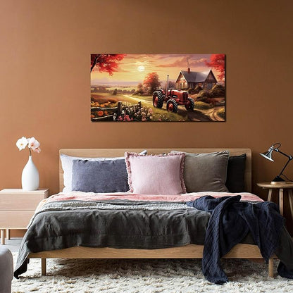 ANCXWOTER Canvas Wall Art Sunset Landscape Canvas Prints Vintage Red Tractor for Living Room Bedroom Office Home Decor Country Farmhouse Artwork 20x40 Inch