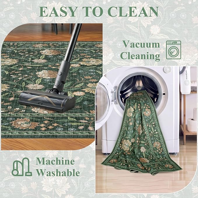 DUKINO 2x6 Rug for Hallway, Vintage Floral Non Slip Kitchen Runner Rug with Washable & Lightweight, Soft Low Pile Indoor Floor Stain Resistant Carpet for Entryway, Bedroom, Bathroom, Laundry, Green