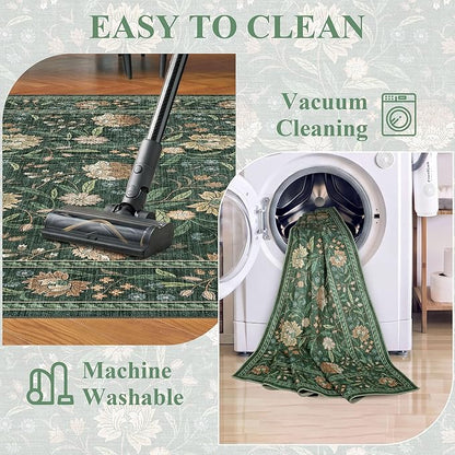 DUKINO 2x6 Rug for Hallway, Vintage Floral Non Slip Kitchen Runner Rug with Washable & Lightweight, Soft Low Pile Indoor Floor Stain Resistant Carpet for Entryway, Bedroom, Bathroom, Laundry, Green
