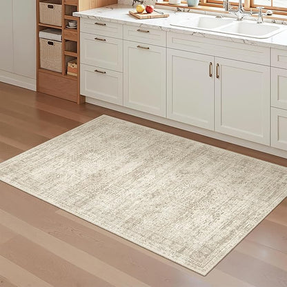 Soalmost 3x4 Rug, Small Area Rug for Kitchen, Entryway, Machine Washable Non-Slip Throw Rug, Vintage Carpet for Nursery Coffee Table Beige