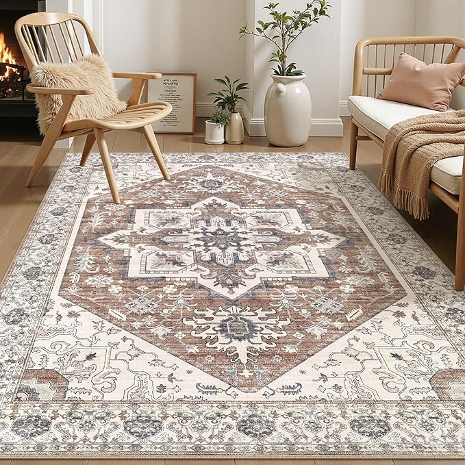 Area Rug 6x9 for Living Room - Washable Oriental Vintage Floral Distressed Large Indoor Carpets with Non Slip Back for Bedroom Dining Room Nursery Office Home Decor -Terracotta/Brown