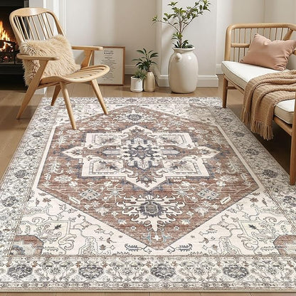 Area Rug 6x9 for Living Room - Washable Oriental Vintage Floral Distressed Large Indoor Carpets with Non Slip Back for Bedroom Dining Room Nursery Office Home Decor -Terracotta/Brown
