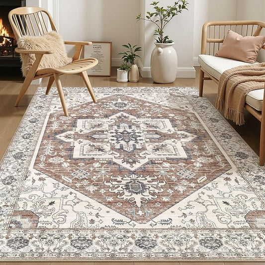Area Rug 6x9 for Living Room - Washable Oriental Vintage Floral Distressed Large Indoor Carpets with Non Slip Back for Bedroom Dining Room Nursery Office Home Decor -Terracotta/Brown