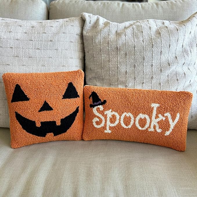 Hand Hooked Halloween Pillow - 9X16 inches Throw Pillow for Couch or Dorm (Spooky)