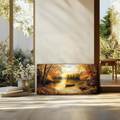 SERIMINO Fall Wall Art, Landscape Wall Art, Large Wall Decor, Lake Boat Forest Canvas Art Prints, Gold Autumn Nature Pictures, Rustic Paintings for Living Room Bedroom Dining Room Office Farmhouse 24"X48"