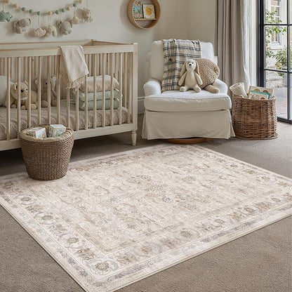 PureCozy 3x5 Area Rug Entryway Beige Washable Vintage Carpet Office Small Indoor Non Slip Soft Low Pile Thin Stain Resistant Distressed Accent Throw Rug for Entrance Bedroom Dining Living Room