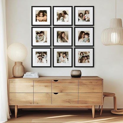 eletecpro 14x14 Picture Frames Set of 9, Classic Gallery Wall Frame Set Displays 10x10 Photos with Mat or 14x14 without Mat, Photo Frames Collage Wall Decor, Black Frames for Home Decor