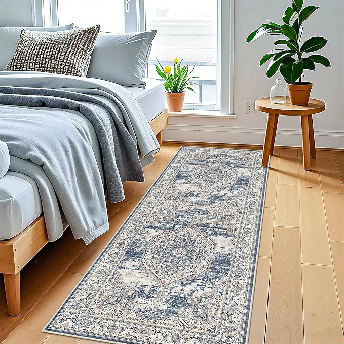 Washable Hallway Runner Rugs 2x6: Soft Ultra Thin Low Pile Carpet Machine Washable Indoor Lightweight Rug Runner Anti Slip Backing Rugs for Living Room Bedroom Kitchen 2'x6' Blue