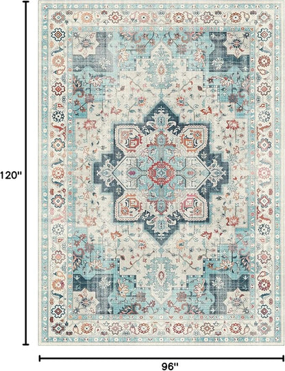 GENIMO 8x10 Area Rugs for Living Room, Machine Washable Non Slip Rugs, Low Pile Lightweight Vintage Print Rug for Bedroom, Dining Room, Home Office, Turquoise & White