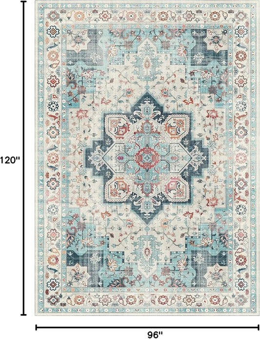 GENIMO 8x10 Area Rugs for Living Room, Machine Washable Non Slip Rugs, Low Pile Lightweight Vintage Print Rug for Bedroom, Dining Room, Home Office, Turquoise & White