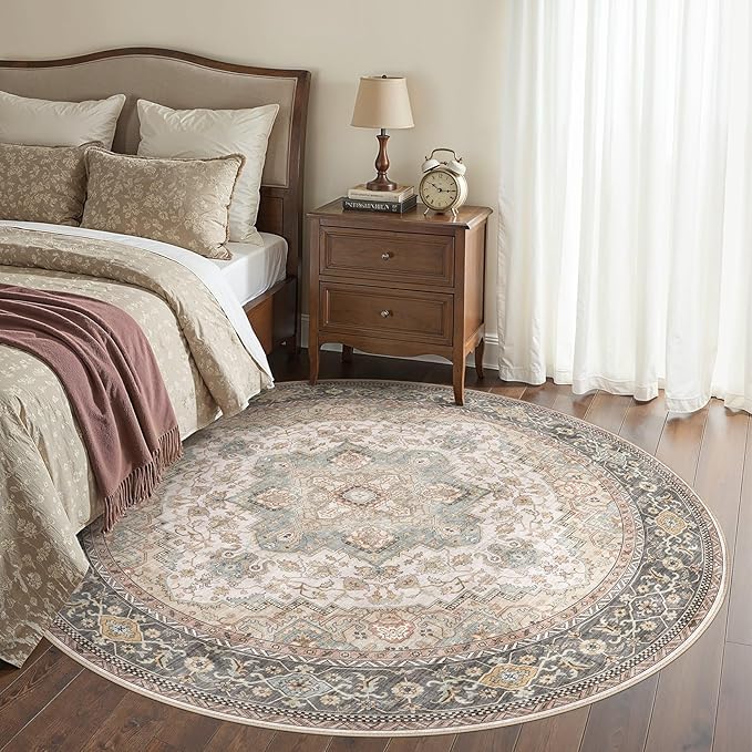 EIEIHOUSE 6ft Round Rugs for Living Room - Washable Neutral Vintage Farmhouse Large Soft Floor Area Rug Indoor Distressed Carpet for Bedroom Dining Room Office - Forest Green Orange