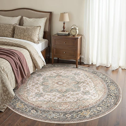 EIEIHOUSE 6ft Round Rugs for Living Room - Washable Neutral Vintage Farmhouse Large Soft Floor Area Rug Indoor Distressed Carpet for Bedroom Dining Room Office - Forest Green Orange