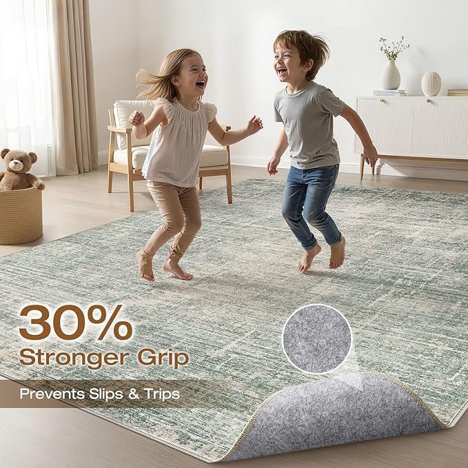 7x9 Area Rug Living Room: Washable Large Neutral Green Rugs Abstract Soft Modern Stain Resistant Indoor Floor Non-Slip Carpet for Bedroom Nursery Kids Office Playroom Dining Room Under Table Home