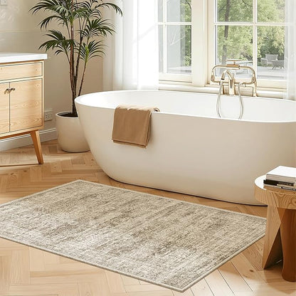 Soalmost 2x3 Washable Rugs for Kitchen, Floor, Entryway, Powder Room Small Area Rug Non-Slip Vintage Low Pile Throw Door Mat Brown