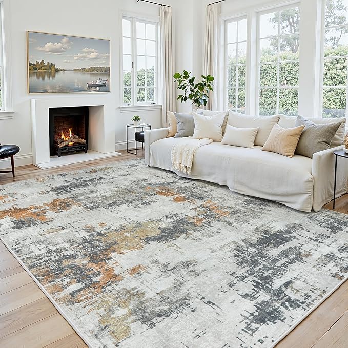 Area Rug 6x9 Living Room Rug Washable: No-Slip Abstract Soft Thin Large Grey Rugs, Indoor Floor Stain Resistant Modern Carpet for Bedroom Dining Room Farmhouse Nursery Home Office (Grey, 6'x9')