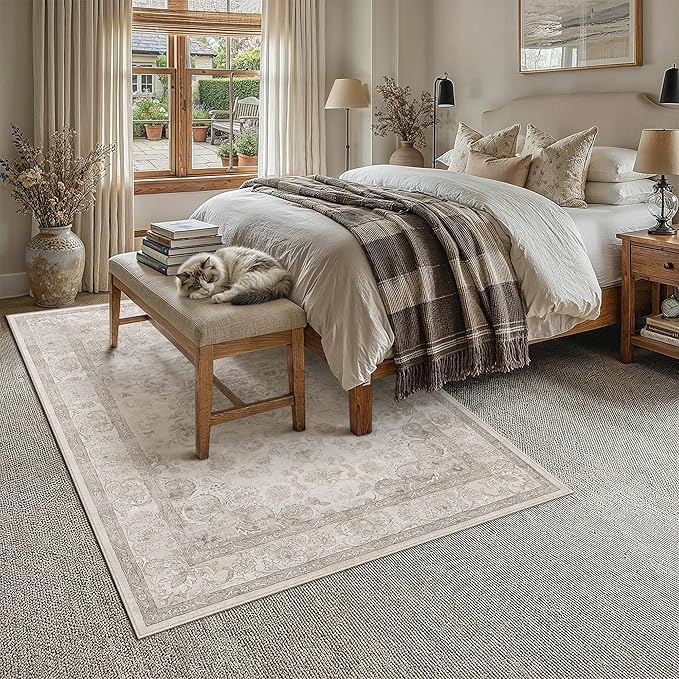 PureCozy Beige Area Rug 6x9 Washable Vintage Living Room Bedroom Carpet Non Slip Soft Low Pile Distressed Medallion Indoor Floor Retro Throw Large Rug for Dining Room Office