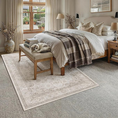 PureCozy Beige Area Rug 5x7 Washable Vintage Living Room Office Carpet Non Slip Soft Low Pile Distressed Medallion Indoor Floor Retro Throw Rug for Kitchen Bedroom Dining Room