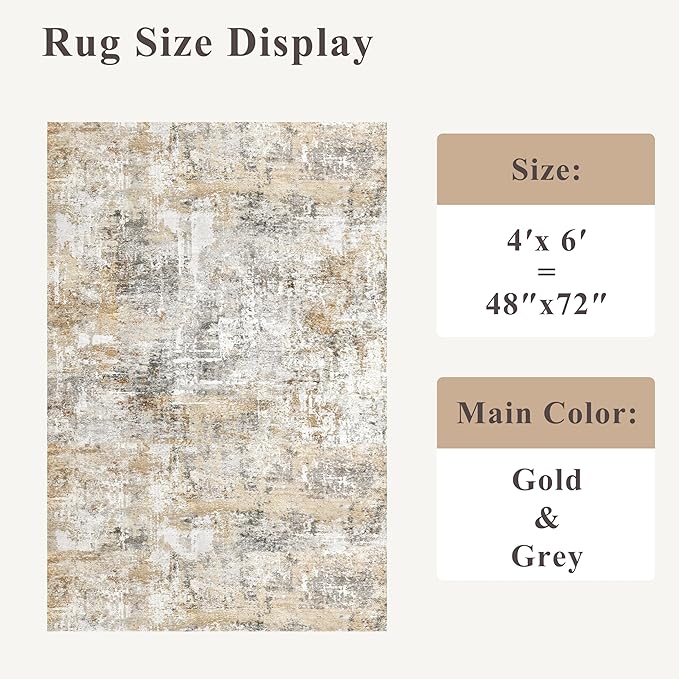 4x6 Washable Entryway Rug – Non-Slip Low-Pile Small Area Rug for Kitchen Bedroom Living Room Office – Modern Abstract Neutral Throw Carpet with Rubber Backing (Gold Grey)