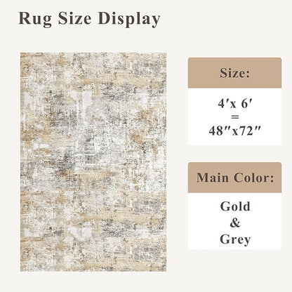 4x6 Washable Entryway Rug – Non-Slip Low-Pile Small Area Rug for Kitchen Bedroom Living Room Office – Modern Abstract Neutral Throw Carpet with Rubber Backing (Gold Grey)
