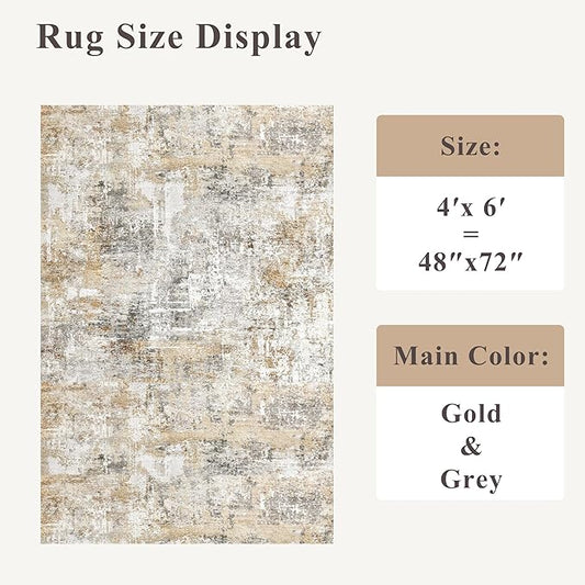 4x6 Washable Entryway Rug – Non-Slip Low-Pile Small Area Rug for Kitchen Bedroom Living Room Office – Modern Abstract Neutral Throw Carpet with Rubber Backing (Gold Grey)