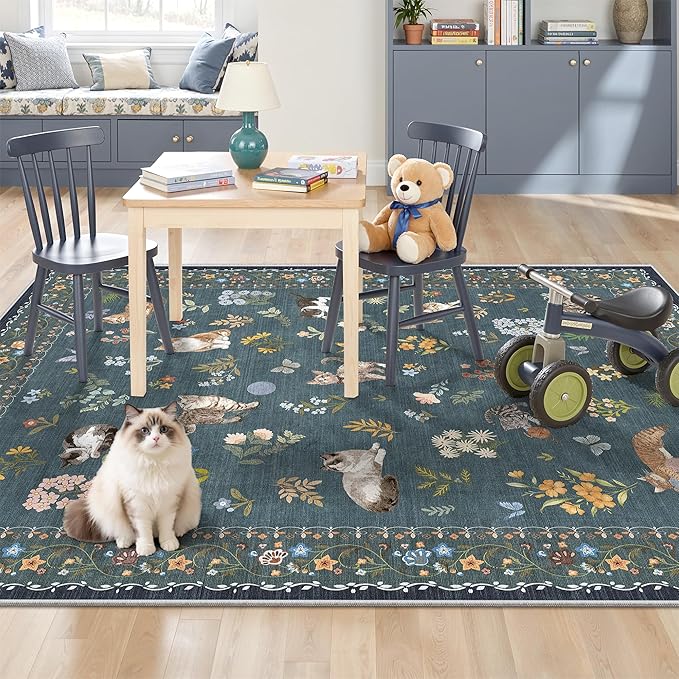 Soalmost Cat 3x5 Area Rugs for Entryway, Machine Washable Animal Floral Accent Rug Non-Slip Low Pile Soft Throw Rugs for Kitchen Bedside Living Room Bedroom Kids Room (3 x 5,Navy Blue)