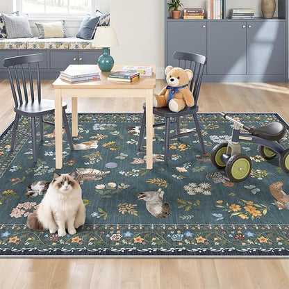Soalmost Cat 3x5 Area Rugs for Entryway, Machine Washable Animal Floral Accent Rug Non-Slip Low Pile Soft Throw Rugs for Kitchen Bedside Living Room Bedroom Kids Room (3 x 5,Navy Blue)
