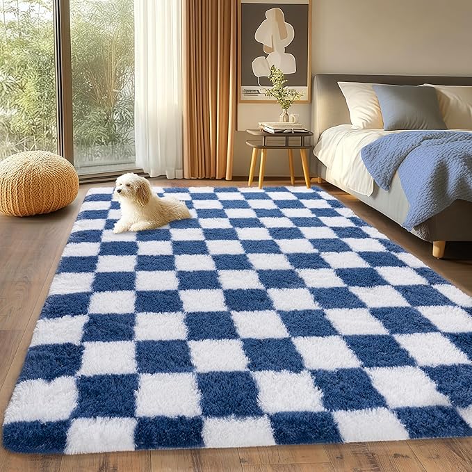 Checkered Rugs for Bedrooms, 4x5.9 Blue and White Carpet for Living Room, Fluffy Shaggy Area Rug for Kids Room, Soft Non Slip Aesthetic Decor for Home