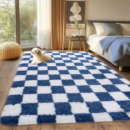 Checkered Rugs for Bedrooms, 4x5.9 Blue and White Carpet for Living Room, Fluffy Shaggy Area Rug for Kids Room, Soft Non Slip Aesthetic Decor for Home