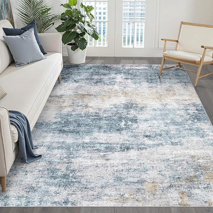 5x7 Area Rug Living Room: Washable Large Neutral Rug Abstract Soft Modern Stain Resistant Indoor Floor Non-Slip Carpet for Bedroom Nursery Kids Office Playroom Dining Room Under Table- Blue Gold