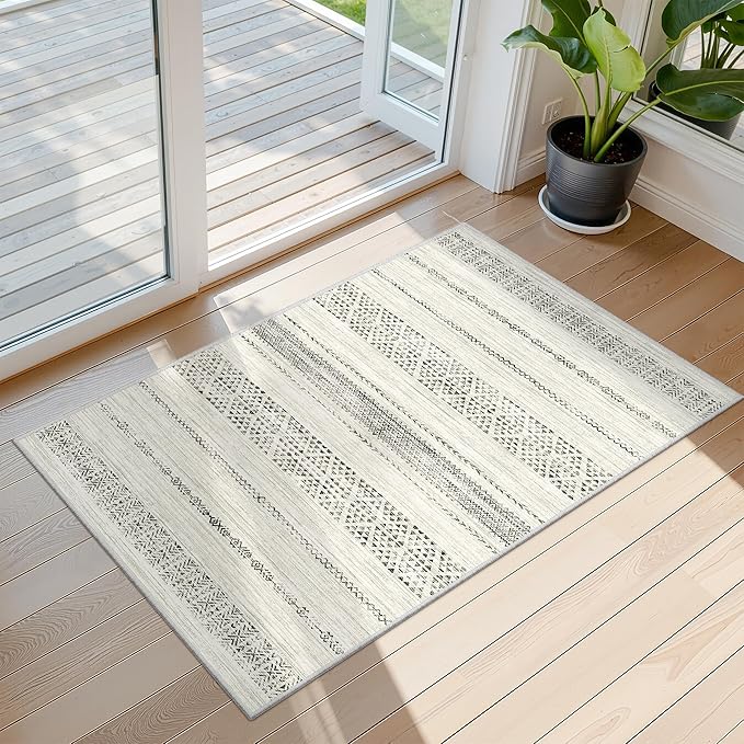 Miukiki 2x3 Entryway Rug Moroccan Washable Non Slip Indoor Floor Thin Rug Foldable Carpet for Dining Room Bedroom with Low Pile(Grey,2'x3')