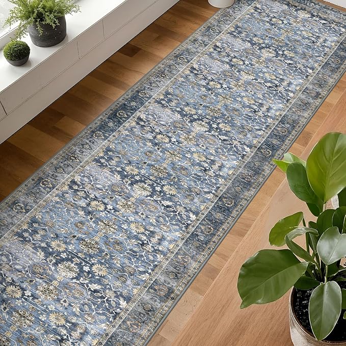 KUTA Vintage Washable Runner Rug 2.6x14, Non-Slip Hallway Kitchen Runners Blue Grey Beige with Rubber Backing, Ultra Soft Printed Distressed Extra Long 14ft Carpet Rugs Indoor for Stairs