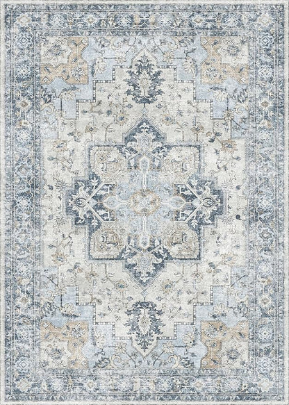 GENIMO 9x12 Area Rugs for Living Room, Machine Washable Non Slip Vintage Rugs, Low Pile Lightweight Chenille Print Rug for Bedroom, Dining Room, Home Office, Blue