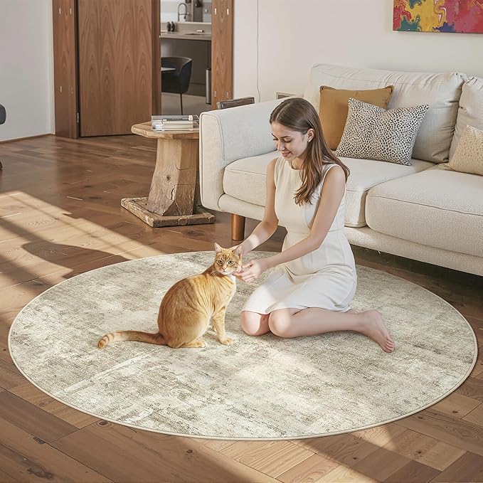 Soalmost 5x5 Beige Gray Round Rug 5ft Living Room Circle Rug Vintage Round Area Rug Non Slip Indoor Carpet for Entryway Dining Room Bedroom