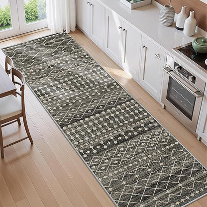 Miukiki 2x10 Runner Rug Moroccan Washable Hallway Runner Rug Non Slip Indoor Floor Kitchen Rug Foldable Carpet for Bathroom Laundry Room with Low Pile(Black,2'x10')