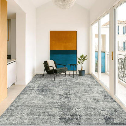 Hazo Haus Blue and Grey Abstract 5x7 Living Room Rug, Washable Area Rug with Non-Slip Backing, Soft Low Pile Rug for Bedroom & Office, Modern Medallion Design