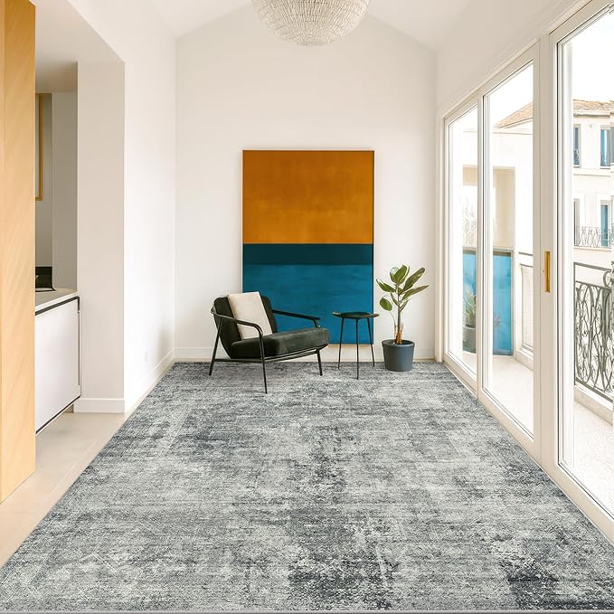 Hazo Haus Vintage Dark Blue Rugs for Living Room - 6x9 Distressed Print Pattern Large Area Rug for Bedroom, Dining Room Under Table, Thin & Soft Washable Slate and Gray Décor