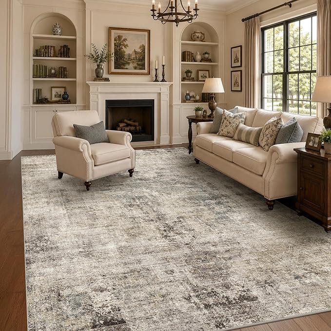 Taupe Brown 7x9 Vintage Rug for Living Room, Modern Abstract Taupe Earthy Dining Room Rugs for Under Table, Washable Non Slip Foldable High Traffic Area Carpet
