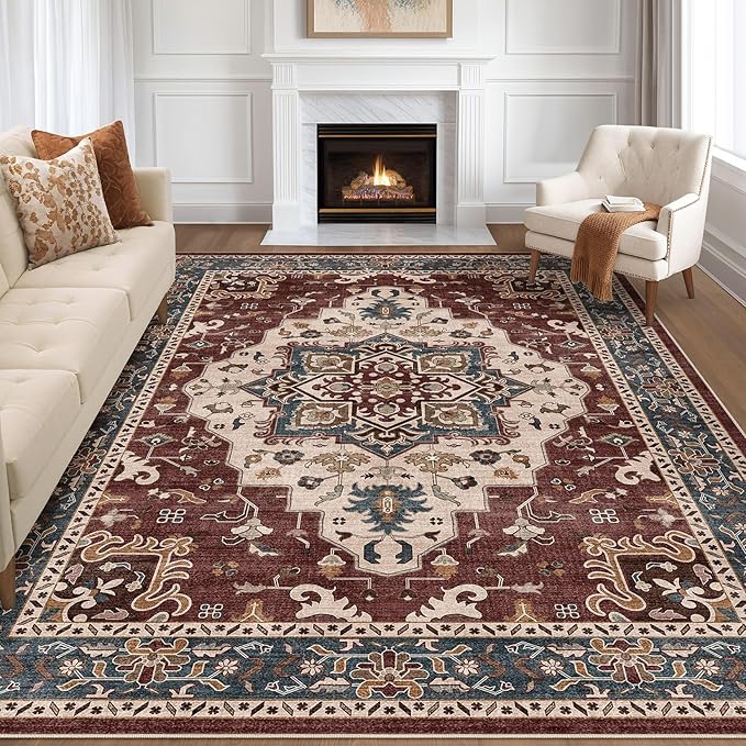 8x10 Area Rugs Living Room: Washable Boho Large Neutral Vintage Soft Rug Stain Resistant Farmhouse Non-Slip Indoor Floor Retro Carpet for Bedroom Nursery Kids Office Dining Room- Burgundy