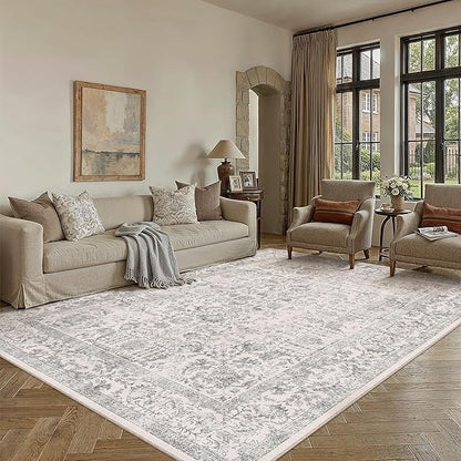 PureCozy Gray Area Rug 5x7 Machine Washable Vintage Living Room Distressed Non Slip Carpet Traditional Indoor Bedroom Grey Retro Floral Accent Throw Large Rug for Office Kitchen Bathroom Dining Room