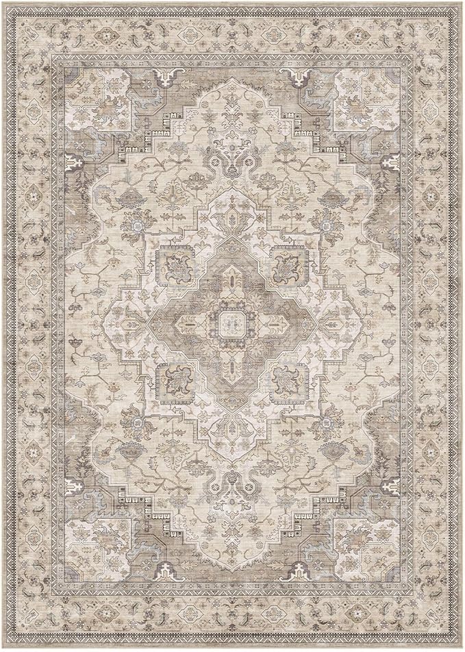 EIEIHOUSE Washable Area Rugs for Living Room -10x13 Neutral Vintage Distressed Floral Farmhouse Boho Large Soft Floor Rug Indoor Non Slip Carpet for Living Room Bedroom Dining Room Office-Brown/Multi