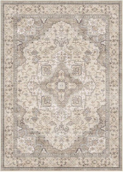 EIEIHOUSE Washable Area Rugs for Living Room -10x13 Neutral Vintage Distressed Floral Farmhouse Boho Large Soft Floor Rug Indoor Non Slip Carpet for Living Room Bedroom Dining Room Office-Brown/Multi