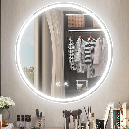28 Inch Round LED Bathroom Mirror with Light, 6000K Dimmable Front & Backlit, Anti-Fog, Memory, CRI 90+, Frameless Round Vanity Mirror with Lights