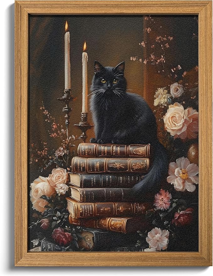 Framed 3D Textured Cat Wall Art – Vintage Books Floral Dark Academia Decor, Victorian Gothic Botanical Flowers Pictures for Living Room Bedroom Gallery Library Wall Decor – 12x16in