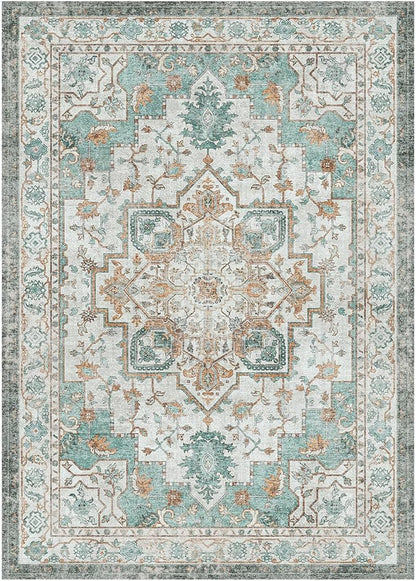 GENIMO 5x7 Area Rugs for Living Room, Machine Washable Non Slip Vintage Rugs, Low Pile Lightweight Chenille Print Rug for Bedroom, Dining Room, Home Office, Cyan