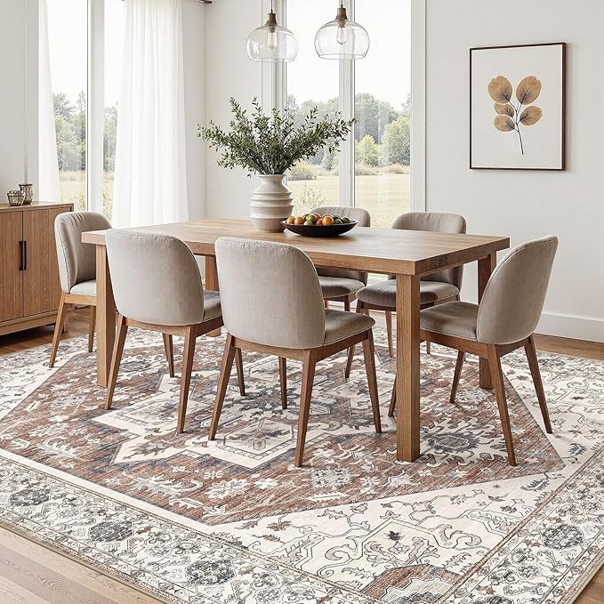 Area Rug 7x9 for Living Room - Washable Oriental Vintage Floral Distressed Large Indoor Carpets with Non Slip Back for Bedroom Dining Room Nursery Office Home Decor -Terracotta/Brown