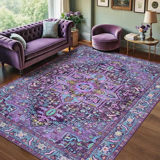 Kokia 10x14 Washable Violet Purple Area Rugs with Vintage Orient Design, Soft Rug for Living Room or Bedroom, Non-Slip Low Pile Stain Resistance Features, Distressed Medallion Pattern