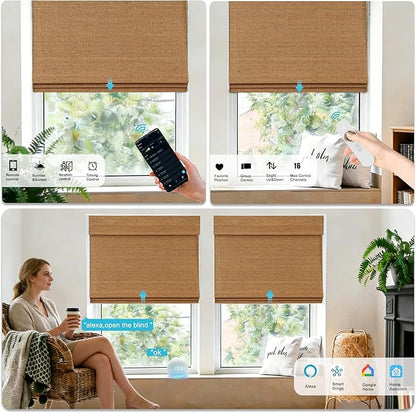 Motorized Bamboo Roman Shades, Motorized Blinds with Remote Compatible with Homekit, Alexa GoogleHome, Smart Wood Woven Shades for Indoor Windows, Customize, Canyon Grid